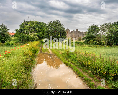 Flaque d'eau de pluie sur le sentier menant aux ruines de Leiston Abbey près de Leiston Suffolk Angleterre Banque D'Images