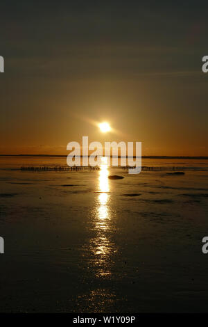 Coucher du soleil sur la mer du Nord, directement sur la plage. Ciel Orange et marée basse. Banque D'Images