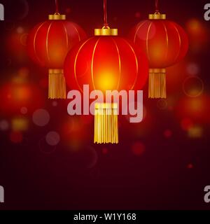 Joyeux Nouvel An chinois 2020 Carte postale avec des lanternes traditionnelles asiatiques sur bannière rougeoyants rouges. Vector background année lunaire traditionnel Illustration de Vecteur
