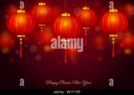 Joyeux Nouvel An chinois 2020 Carte postale avec des lanternes traditionnelles asiatiques sur bannière rougeoyants rouges. Vector background année lunaire traditionnel Illustration de Vecteur