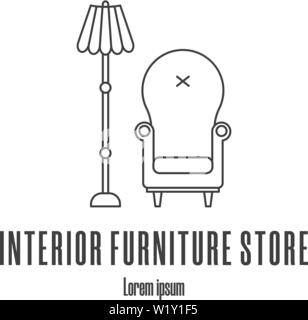 Les icônes de style de ligne d'un fauteuil, lampe. Magasin de meubles d'intérieur d'un logo. Illustration vecteur propre et moderne. Illustration de Vecteur