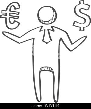 Businessman holding euro et dollar. Dans l'icône doodle sketch lignes. Illustration de Vecteur