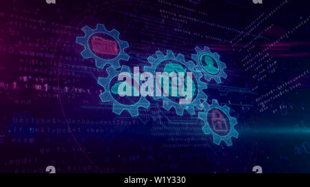 Gestion des données dynamiques hologramme sur fond futuriste. Concept moderne et futuriste de stockage des fichiers, la cybersécurité, l'ordinateur à l'aide de digital et p Banque D'Images