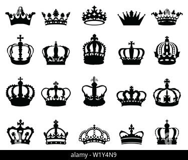 Grand ensemble de silhouettes noires de différentes couronnes sur fond blanc Banque D'Images