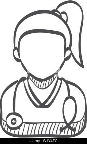 Femme médecin icône dans doodle sketch lignes. Soins médicaux stethoscope Illustration de Vecteur