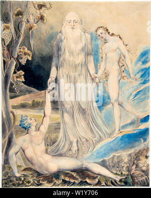 William Blake, Adam et Eve, Ange de la présence Divine apportant Eve à Adam, la création d'Eve, peinture aquarelle sur stylo et encre, vers 1803-1805 Banque D'Images