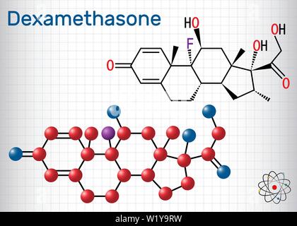 Molécule de la dexaméthasone. Ce traitement anti-inflammatoire est une hormone corticostéroïde glucocorticoid . Feuille de papier dans une cage Illustration de Vecteur