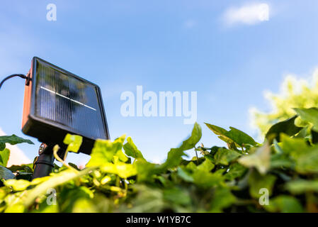 Une petite maison, panneau solaire, placé entre les plantes à l'appui des lampes de jardin. Banque D'Images