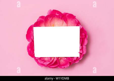 Carte minimaliste avec fleur pivoine la maquette. Carte isolée. Mise à plat. Vue d'en haut. Banque D'Images