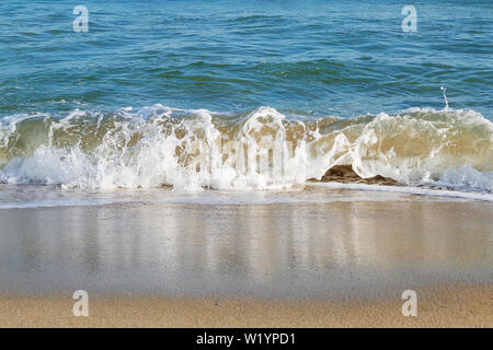 Libre de mer vague avec mousse blanche vient à terre. La mer vague se reflète dans l'humide jaune sable côtières sur une journée ensoleillée. Banque D'Images