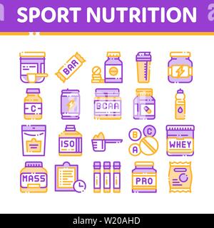 Nutrition sportive vecteur ligne mince cellules Icons Set Illustration de Vecteur