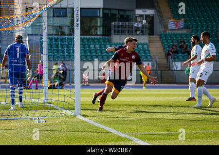 CARDIFF, Royaume-Uni. 4 juillet 2019. La Jordanie Lam de Cardiff a rencontré le FC célèbre après avoir marqué dans la Ligue Europa match à la Cardiff International Sports Stadium. © Photo Matthieu Lofthouse - Photographe indépendant Crédit : Matthieu Lofthouse/Alamy Live News Banque D'Images