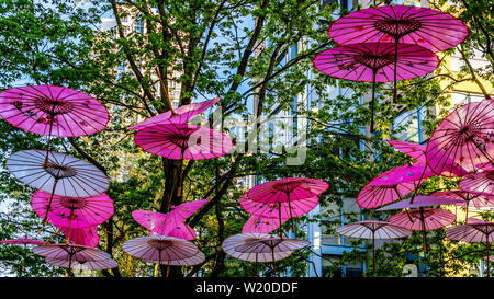 Decorative art moderne de parapluies asiatiques suspendues à des arbres dans la belle Yaletown de Vancouver, British Columbia, Canada Banque D'Images