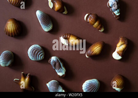 Assortiment de pralines en chocolat avec vue mer concept sur fond brun. Banque D'Images