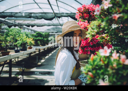 Bonsai centre serre. Les lignes avec de petits arbres, femme au travail et de prendre soin des plantes Banque D'Images