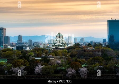 Le château d'Osaka avec fleur de cerisier et le Centre d'affaires dynamique du contexte à Osaka, Japon. Banque D'Images