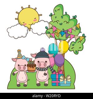 Les porcs, les animaux design dessins joyeux anniversaire célébration Noël Décoration et thème surprise Vector illustration Illustration de Vecteur