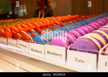 Des rangées de macarons français aux couleurs vives du petit sucre sont exposées au National Restaurant Association Show, Chicago, Illinois, États-Unis Banque D'Images