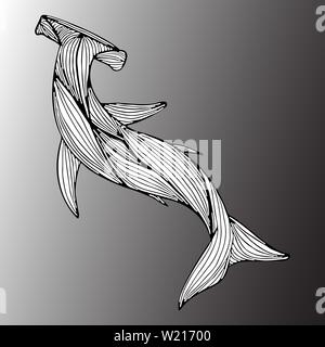 Résumé géant dessiné à la main de requin marteau isolé sur fond gris. Vector illustration. Contour. Les dessins au trait en vue d'en haut. Illustration de Vecteur