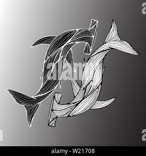 Résumé de la main deux Requins marteau géant isolé sur fond gris. Vector illustration. Contour. Les dessins au trait en vue d'en haut. Illustration de Vecteur