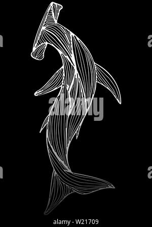 Résumé géant dessiné à la main de requin marteau isolé sur fond noir. Vector illustration. Contour. Les dessins au trait en vue d'en haut. Illustration de Vecteur