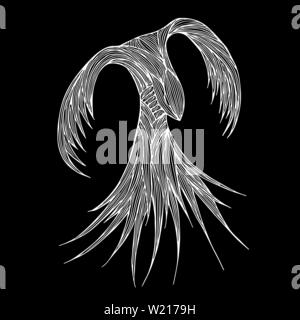 Phoenix Fire bird Illustration et conception des personnages. Oiseau de feu Phoenix isolé sur fond noir. Conception de tatouage animal japonais. Contours dessinés à la main, Illustration de Vecteur
