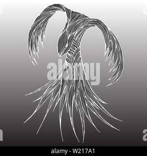 Phoenix Fire bird Illustration et conception des personnages. Oiseau de feu Phoenix isolé sur fond gris. Conception de tatouage animal japonais. Contours dessinés à la main, Illustration de Vecteur