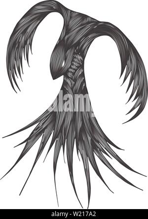 Phoenix Fire bird Illustration et conception des personnages. Oiseau de feu Phoenix isolé sur fond blanc. Conception de tatouage animal japonais. Contours dessinés à la main, Illustration de Vecteur