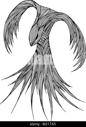 Phoenix Fire bird Illustration et conception des personnages. Oiseau de feu Phoenix isolé sur fond blanc. Conception de tatouage animal japonais. Contours dessinés à la main, Illustration de Vecteur