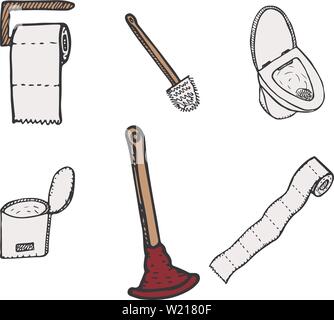 Bol de toilettes à la main. plugner, papier toilette, seau et brosse wc icônes isolé sur fond blanc. Motif de fond vecteur dessiné à la main avec Illustration de Vecteur