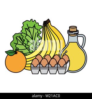 Huile d'olive avec des oeufs et des fruits Aliments sains icons Illustration de Vecteur