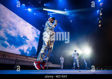 Roskilde, Danemark. Le 04 juillet, 2019. Roskilde, Danemark. Juillet 04th, 2019. Le groupe de rap américain George Sanders effectue un concert live au cours de la Danish music festival Festival de Roskilde en 2019. (Photo crédit : Gonzales Photo/Alamy Live News Banque D'Images