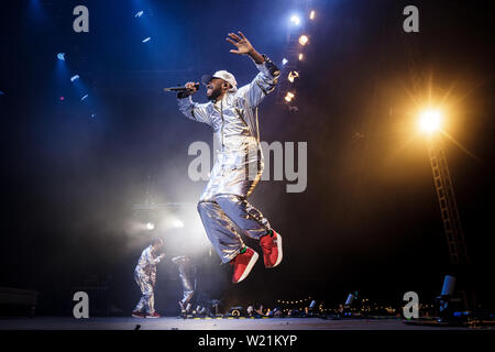 Roskilde, Danemark. Le 04 juillet, 2019. Roskilde, Danemark. Juillet 04th, 2019. Le groupe de rap américain George Sanders effectue un concert live au cours de la Danish music festival Festival de Roskilde en 2019. (Photo crédit : Gonzales Photo/Alamy Live News Banque D'Images