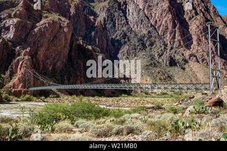 Pont suspendu de la Bright Angel Trail sur le fleuve Colorado, le Parc National du Grand Canyon, Arizona, USA Banque D'Images