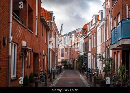 Petite rue typique avec des maisons en briques, Haarlem, Province de la Hollande du Nord, Hollande, Pays-Bas Banque D'Images