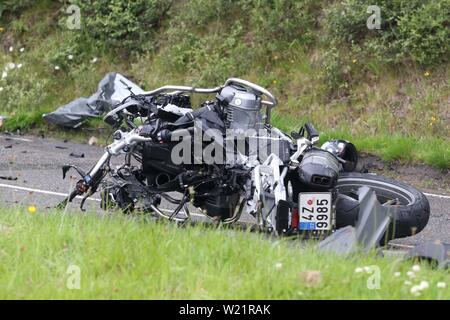 Lairg, Sutherland, Scotland, UK. 5 juillet 2019. L'Ecosse a la police a confirmé qu'un homme est mort à la suite d'un accident de la route sur l'A836 près de Lairg le jeudi 4 juillet 2019. Les 41 ans était l'adepte d'une moto impliqué dans une collision avec une Ford Ranger pick-up. L'incident s'est produit autour de 12h00 à un mille au nord de Lairg. L'homme a été prononcé mort sur place et ses proches sont au courant. Le pilote de la Ford n'a pas été blessé. Credit : Crédit : Andrew Smith Andrew Smith/Alamy Live News Banque D'Images