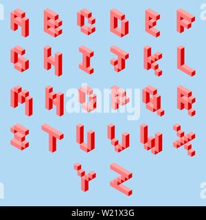 Alphabet pixel-art isométrique 3D complet de A à Z dans un style de police de jeu rouge 16 bits. Lettres majuscules rétro isolées sur fond bleu clair Illustration de Vecteur