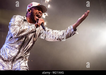 Roskilde, Danemark. Le 04 juillet, 2019. Roskilde, Danemark. Juillet 04th, 2019. Le groupe de rap américain George Sanders effectue un concert live au cours de la Danish music festival Festival de Roskilde en 2019. (Photo crédit : Gonzales Photo/Alamy Live News Banque D'Images