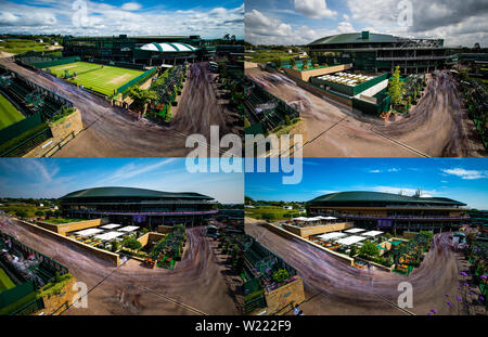 Image composite montrant la progression de la cour un projet de toit dans le cadre de la Wimbledon plan directeur, en haut à gauche, en haut à droite 2016 2017 2018, en bas à gauche et en bas à droite aujourd'hui au tournoi de Wimbledon à l'All England Lawn Tennis et croquet Club, Wimbledon. Banque D'Images