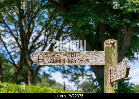 Panneau fingerpost traditionnel en bois sur le South West Coast Path, Peak Hill (High Peak), Greenbottom, une ville balnéaire de la côte sud du Devon, Angleterre SW Banque D'Images