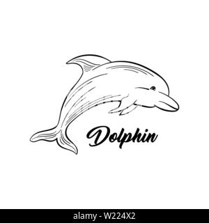 Télévision monochrome Dolphin vector illustration. Animal marin, mammifère intelligent croquis à main levée. Dessin à l'encre noire créature d'eau salée. La vie marine, représentant de la faune a esquissé les grandes lignes avec l'inscription Illustration de Vecteur