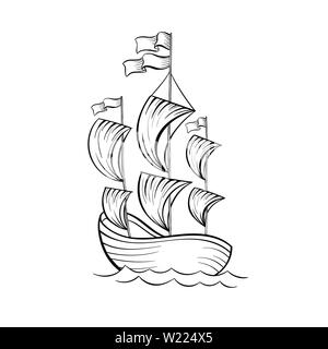 Voilier noir et blanc illustration vectorielle. Ancien navire de voiles et les drapeaux de l'esquisse pour livre à colorier. Bateau Vintage sur les vagues la gravure. Logo de l'agence de voyage. Élément de design de l'affiche de la tournée Voyage Illustration de Vecteur