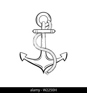 L'ancre avec corde d'encre noire illustration vectorielle. Bateau ou yacht sur la mer, matériel de sécurité bateau, croquis. Ancre ancienne gravure d'époque. Symbole d'aventure maritime. Logo du club de voile, élément de design de l'affiche Illustration de Vecteur