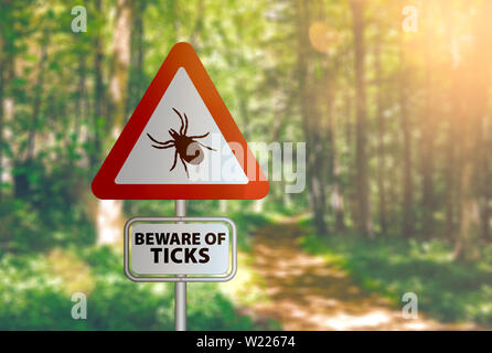 Close-up de panneau d'avertissement avec texte MÉFIEZ-VOUS DES TIQUES, contre l'arrière-plan de la forêt de flou artistique Banque D'Images