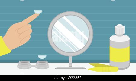 Les lentilles de contact d'hydrogel pour la correction de la vision. Une lentille liquide, d'un conteneur de stockage, de miroir et d'une pincette. L'objectif des soins. Place pour mettre les lentilles. Illustration de Vecteur