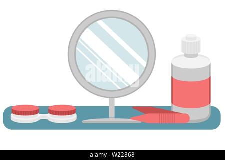 Les lentilles de contact d'hydrogel pour la correction de la vision. Une lentille liquide, d'un conteneur de stockage, de miroir et d'une pincette. L'objectif des soins. Place pour mettre les lentilles. Illustration de Vecteur