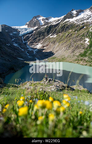 Wanderer suis Triftsee mäanderndem Triftgletscher mit und Fluss in den Schweizer Alpen bei Gadmen Banque D'Images