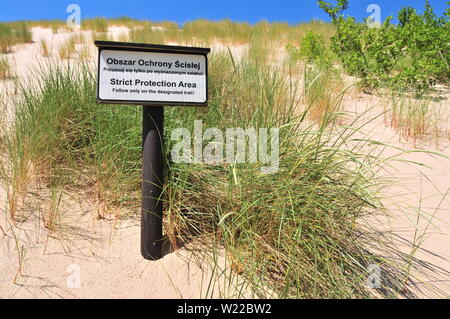 Zone de protection stricte sign in Parc National Slowinski, Leba, Pologne Mer Baltique (Lacka dune) Banque D'Images