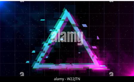 Retrowave Glitch avec triangle et mousseux bleu et violet éclatant de la fumée. Illustration de Vecteur
