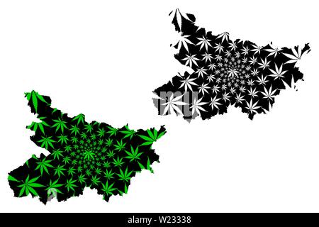 Le Bihar (États et territoires de l'union de l'Inde, États fédérés, République de l'Inde) la carte est conçue de feuilles de cannabis vert et noir, état du Bihar carte réalisée Illustration de Vecteur